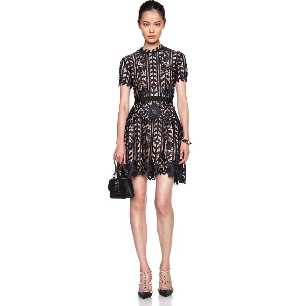 Self Portrait Navy Blue Macrame Lace A-Line short sleeve cocktail mini Dress 0